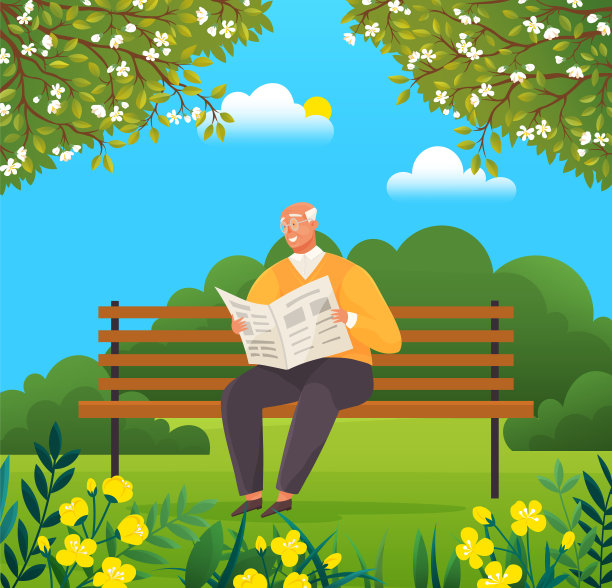 花园背景上的老年男性角色。老人坐在公园的长椅上看报纸图片下载