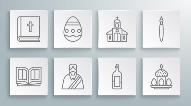 集线圣经书，复活节蛋，耶稣基督，瓶酒，蛋糕和鸡蛋，教堂建筑，油漆刷和图标。向量图片下载