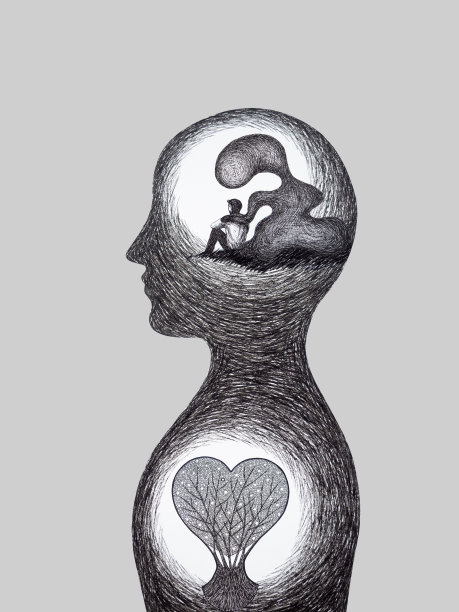 人类男人身体坐着头脑心理健康治疗精神悲伤痛苦抑郁孤独悲伤负能量对比成长的心爱积极的情感艺术水彩画插图绘画图片下载