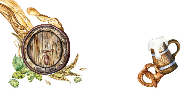 木制啤酒桶和飞溅啤酒，水彩插图孤立在白色上。图片下载