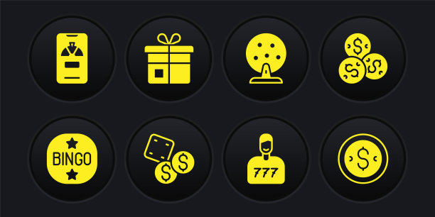 集宾果，赌场筹码与美元，游戏骰子，幸运球员，彩票机，礼盒，硬币钱和车轮电话图标。向量图片下载