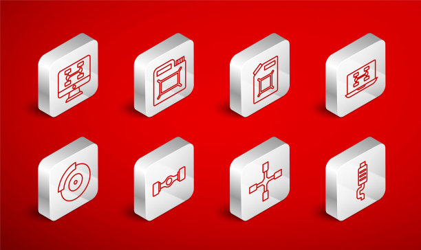 设置线路汽车消声器，机油罐，汽油，汽车诊断状况，车轮扳手，底盘和制动盘卡尺图标。向量图片下载