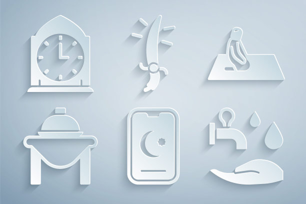 集星和新月，穆斯林男子祈祷，餐桌食物，无胡，阿拉伯军刀和时钟图标。向量图片下载