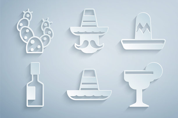 设置墨西哥宽边帽，塔巴斯科沙司，玛格丽塔鸡尾酒，男人和仙人掌图标。向量图片下载