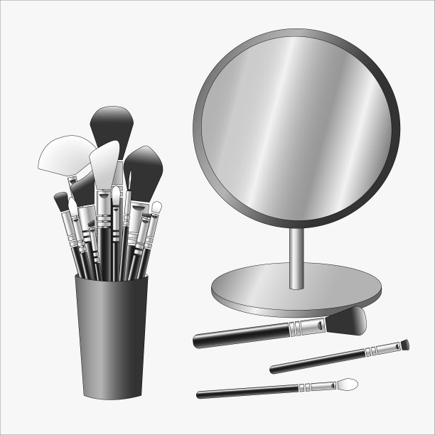 刷子放在一个玻璃杯里，旁边是一面圆镜子。图片下载