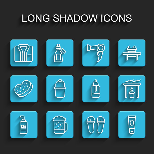 套装霜或乳液化妆管，木制啤酒杯，浴袍，人字拖，桑拿桶，香薰蜡烛和精油瓶图标。向量图片下载