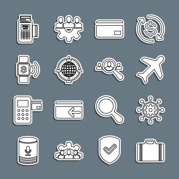 集行旅行箱旅行，项目管理，飞机，信用卡，外包概念，非接触式支付，POS终端和放大镜搜索人图标。向量图片下载
