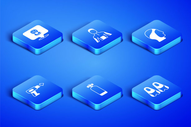 设置鳍状肢游泳，扇贝海贝壳，水肺，鱼叉，潜水服潜水和潜水帽图标。向量图片下载