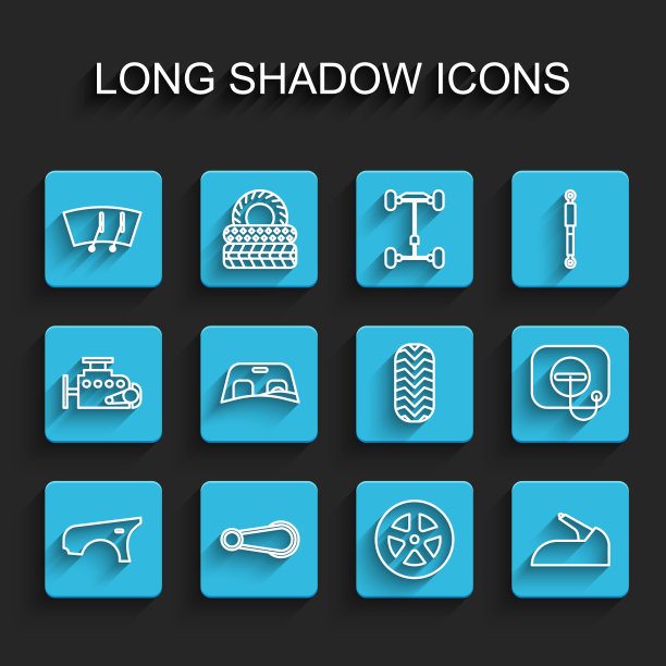 设置线:汽车挡泥板、门把手、挡风玻璃刮水器、车轮、手刹、挡风玻璃、加油站加油盖和轮胎图标。向量图片下载