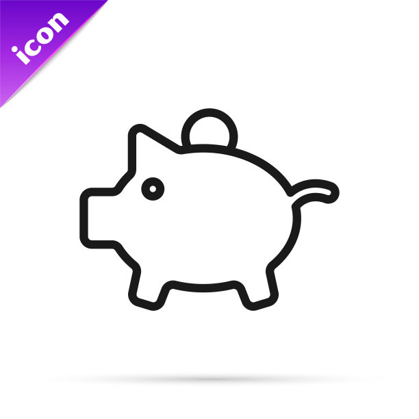 黑线小猪储蓄罐图标孤立在白色背景。图标储蓄或积累金钱，投资。向量图片下载