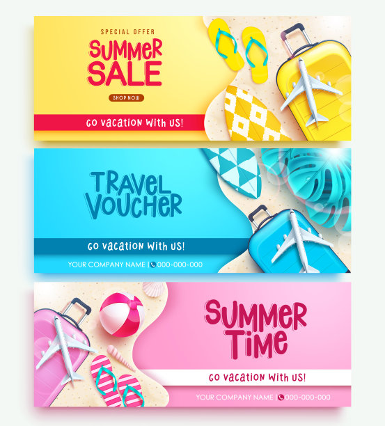 夏季销售矢量横幅集。夏季销售，时间和旅行代金券夏季业务收集。图片下载
