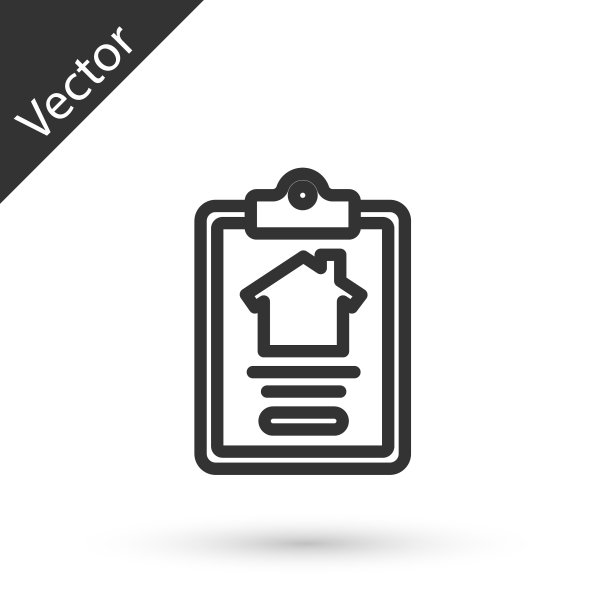 灰线房子合同图标孤立在白色背景。合同创建服务，文件生成，申请表撰写。向量图片下载