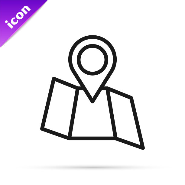 黑线折叠地图与位置标记图标隔离在白色背景。向量图片下载