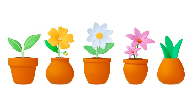 花盆里的植物3d图标。花和叶子，洋甘菊，百合花盆花。现实的橡皮泥雏菊在粘土花瓶。春夏绿意园林简练向量元素图片下载