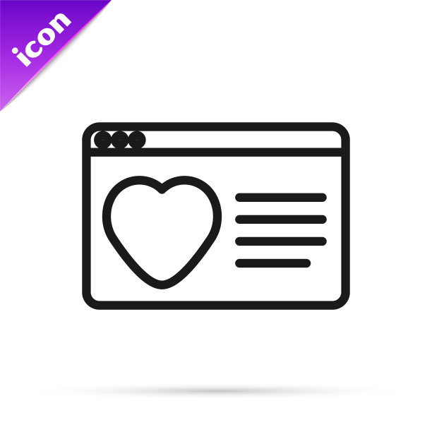 黑线约会应用程序在线笔记本电脑概念图标孤立在白色背景。女性男性平面轮廓设计。情侣为爱情而配对。向量图片下载