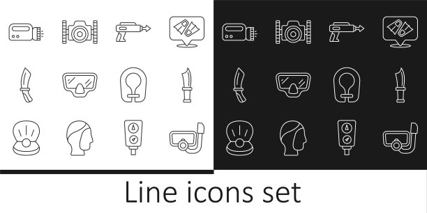 集线潜水面具与通气管，刀，鱼叉，手电筒潜水员，救生衣和照片相机图标。向量图片下载