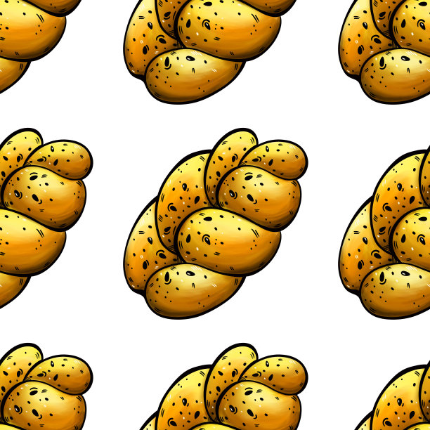 Challah无缝水彩图案。犹太面包，安息日的节日糕点。新鲜的鸡蛋包，脆皮，芝麻。开胃美味的面包。背景菜单，包装纸，包装图片下载