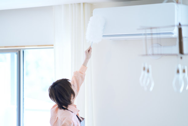 一个女人在打扫房间里的灰尘图片下载