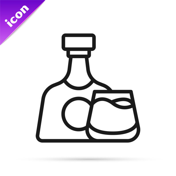 黑线威士忌瓶和玻璃图标孤立在白色背景。向量图片下载