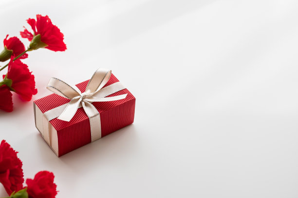 母亲节礼物盒和白色背景的红色康乃馨。图片下载