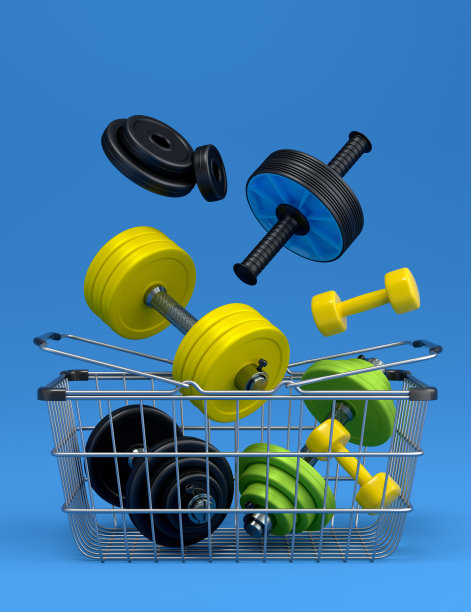 用于健身、健身房、混合健身的运动器材放在蓝色购物篮内图片下载