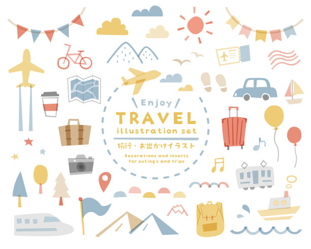 一套简单的涂鸦风格的插图和图标的旅行。图片下载