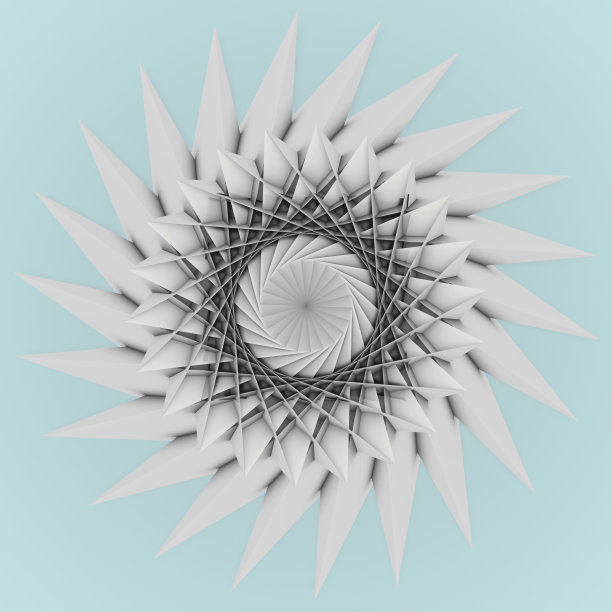 三维渲染抽象艺术与超现实的三维机械工业涡轮飞机喷气发动机或花螺旋扭曲形状与尖锐的分形叶片在明亮的背景图片下载