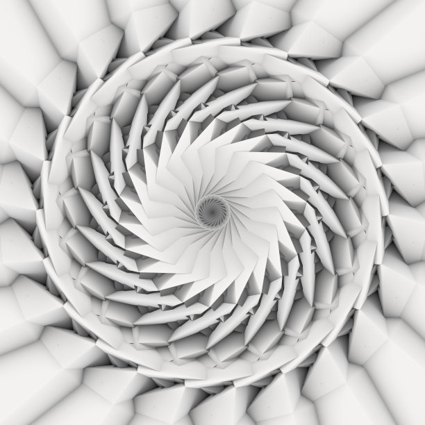 三维渲染抽象艺术与超现实的三维机械工业涡轮飞机喷气发动机或花螺旋扭曲形状与尖锐的分形叶片在明亮的背景图片下载