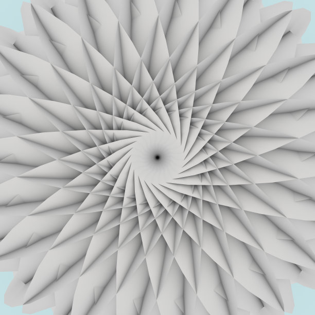 三维渲染抽象艺术与超现实的三维机械工业涡轮飞机喷气发动机或花螺旋扭曲形状与尖锐的分形叶片在明亮的背景图片下载