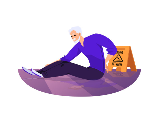 老人摔倒在潮湿的地板上受伤，平面矢量插图孤立在白色背景上。图片下载
