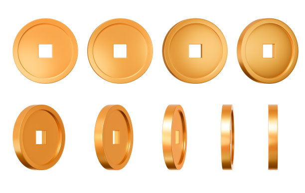 3d中国金币图标。一套逼真的中国金币与孔和不同的角度。在白色隔离背景上的3d渲染插图。图片下载