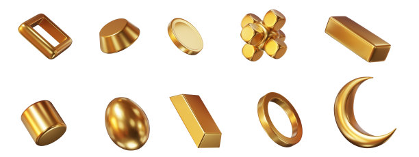 3d设置黄金金属形状从正方形，球体，金字塔，环面，硬币，鸡蛋，戒指，圆柱体。金属简单的数字为您的设计孤立的背景。三维效果图图片下载