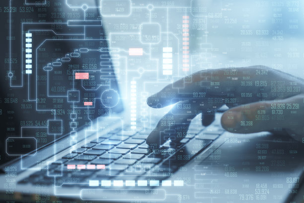 近距离使用笔记本电脑与创意技术大数据全息图在模糊的背景。技术、未来、人工智能、信息、创新理念。双重曝光。图片下载