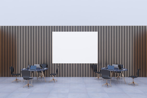 现代的深色金属墙办公室设计，空白色模拟横幅。3 d渲染。图片下载