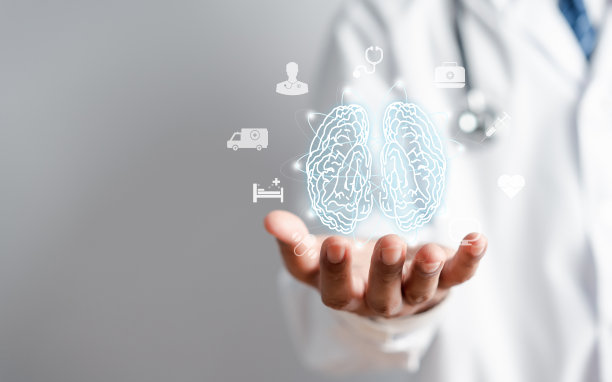 医生持有人脑图标，创意智力思维或意识到阿尔茨海默病，帕金森病，痴呆，中风，癫痫或精神健康。神经学和心理学护理。图片下载