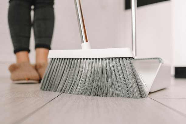 年轻女子拿着扫帚和簸箕在家里打扫卫生图片下载