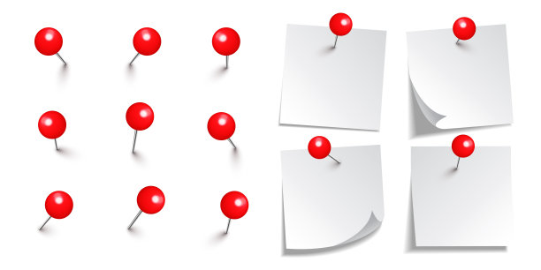 现实的空白便利贴孤立的白色背景。白色的便签纸，上面有红色的圆图钉。纸质提醒纸和带针的塑料图钉。板钉。矢量图图片下载