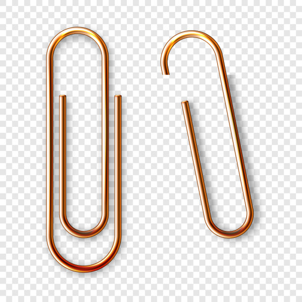 现实铜回形针附在纸孤立的白色背景。闪亮的金属回形针，页夹，活页夹。办公用品。矢量图图片下载