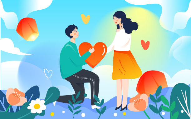 情人节情侣约会，背景与心和花，矢量插图图片下载