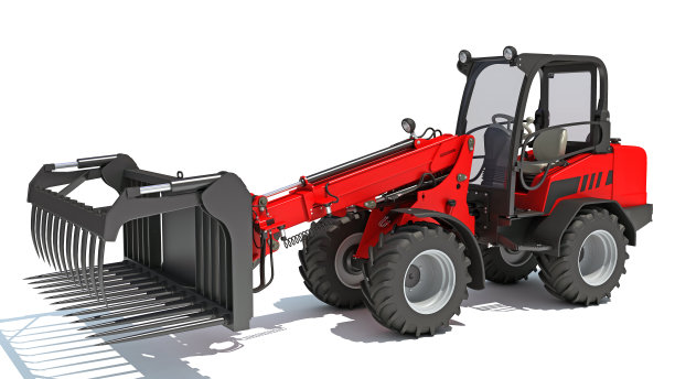 轮式装载机在白色背景上的3D渲染图片下载