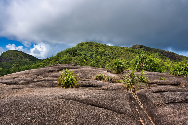 科普利亚小径的巨大花岗岩岩石和郁郁葱葱的自然风光，塞舌尔马埃图片下载