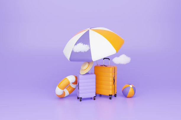 黄色和紫色的小手提箱。旅行旅游飞机旅行，策划世界旅游，行李箱，休闲旅游度假夏季概念。三维渲染图片下载