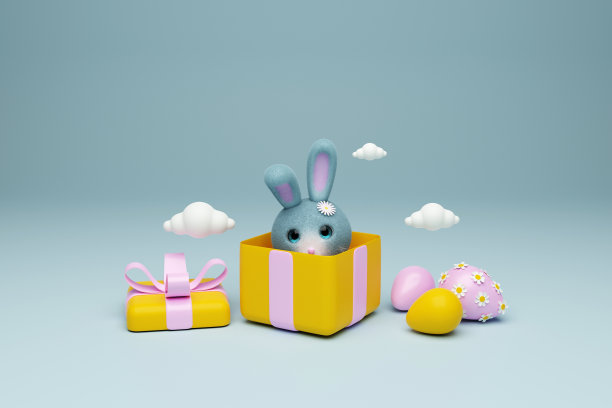 复活节可爱的兔子坐在礼品盒与蛋在浅粉色的背景。三维渲染图片下载