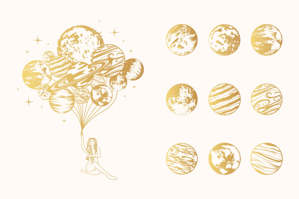 金色的天上女孩拿着一堆气球——行星和九个神秘的行星。手绘一套独立的空间设计元素，用于印刷、海报和贺卡。图片下载