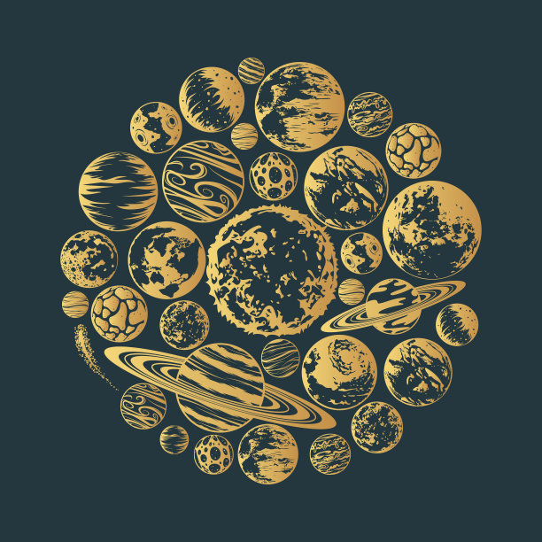 黄金星系行星天体集合。圆形手绘插图与空间符号隔离在黑色背景上印刷，海报，纹身和贺卡。图片下载