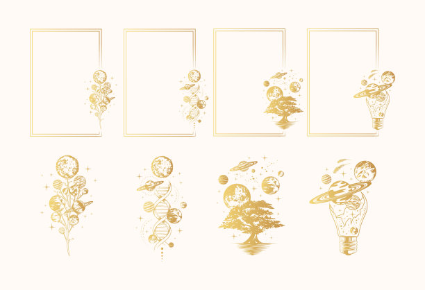 四个天体矩形框架和四个神秘空间组成孤立集。黄金手绘矢量插图巫术，贺卡和邀请。图片下载