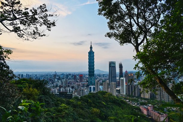 台北101，高楼大厦，森林，山和云图片下载