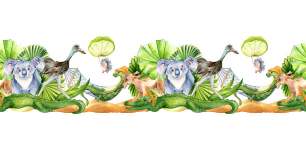 无缝板卡通动物水彩插图孤立在白色。图片下载