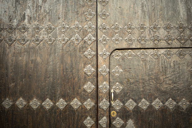 陈年两叶木门
金属饰品模拟花朵，形成图案图片下载