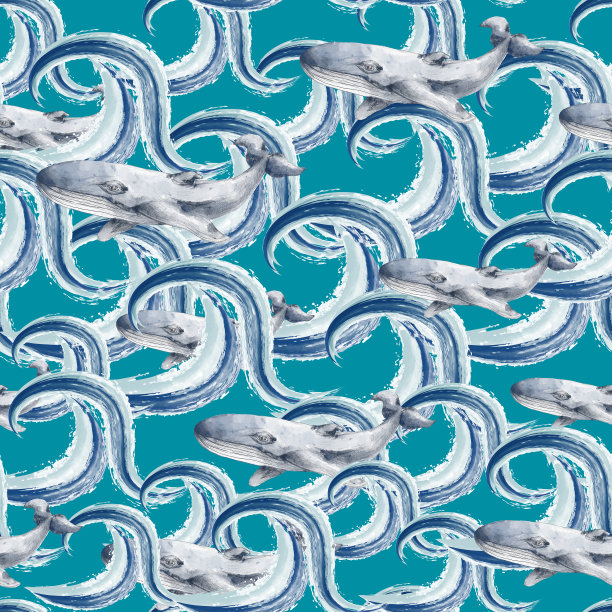 手绘鲸鱼和波浪无缝模式。野生鲸鱼背景，纺织品，卡片，壁纸印刷。图片下载